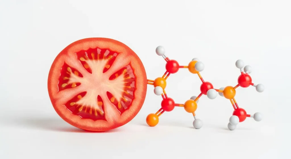 Estructura molecular del licopeno, el antioxidante responsable del color rojo del tomate y sus propiedades saludables.