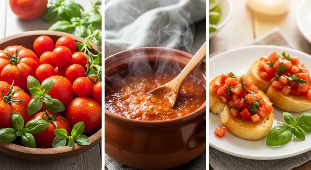 Proceso culinario del tomate: desde fresco hasta convertirse en una salsa de tomate casera y una bruschetta, mostrando su versatilidad.