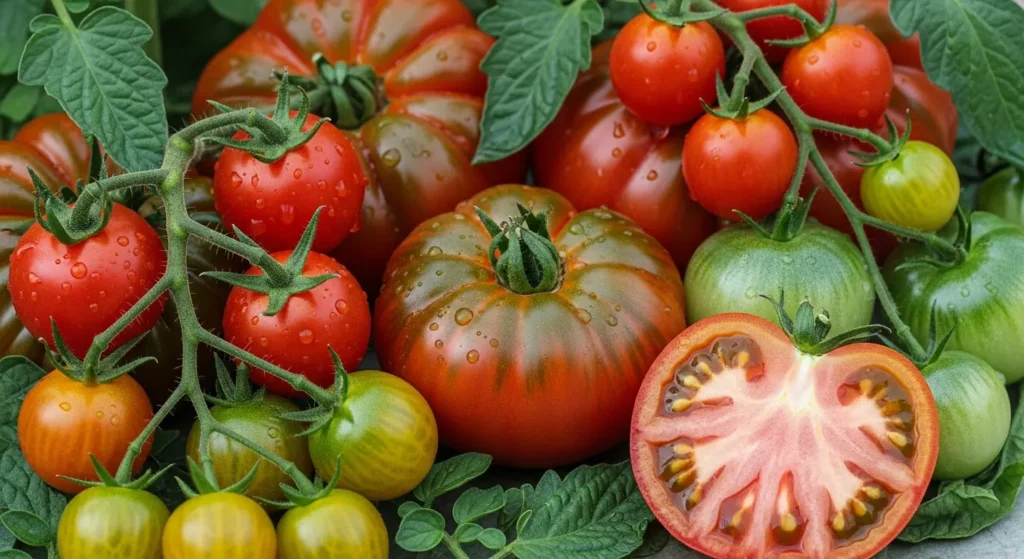 Tomates frescos y jugosos de diferentes variedades recién cosechados, mostrando su interior vibrante y lleno de semillas.
