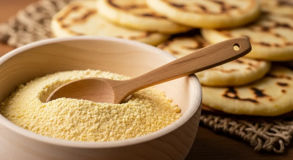 Harina de maíz fina, ingrediente sin gluten ideal para hacer arepas, tortillas y repostería saludable.