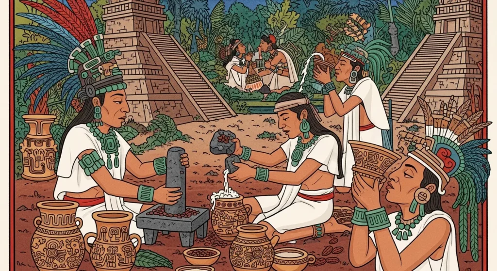 Bebida de cacao ancestral xocoatl en ritual maya, origen e historia del chocolate.