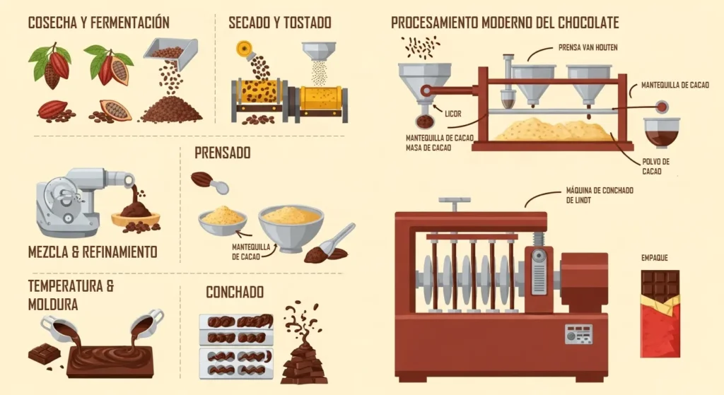 Proceso de fabricación del chocolate, desde el grano de cacao hasta la tableta, historia de la industrialización del cacao.