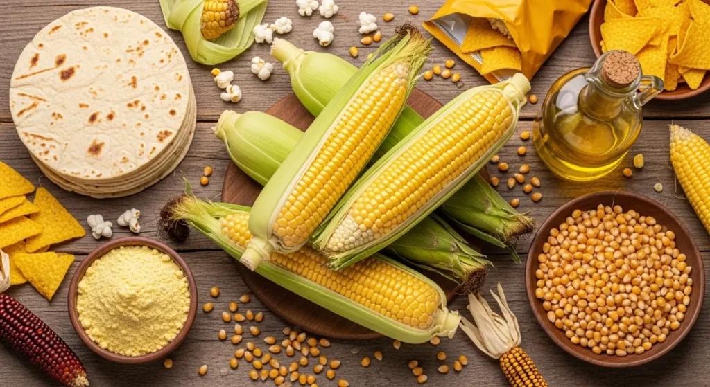 Productos derivados del maíz: harina, aceite, tortillas y palomitas. Descubre sus beneficios nutricionales y usos en cocina.